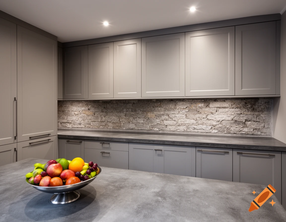 Photorealistic image of a modern kitchen with grey cabinets, a stone backsplash, concrete countertop, and a fruit bowl.