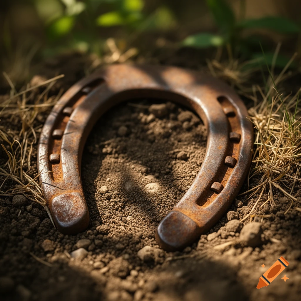 A close-up, photorealistic shot of a rusty horseshoe partially buried in brown dirt with dry grass.