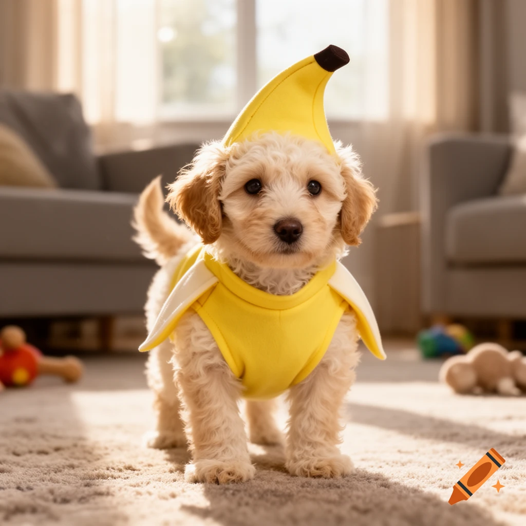 A fluffy goldendoodle puppy wearing a yellow banana costume stands on a carpeted floor indoors.