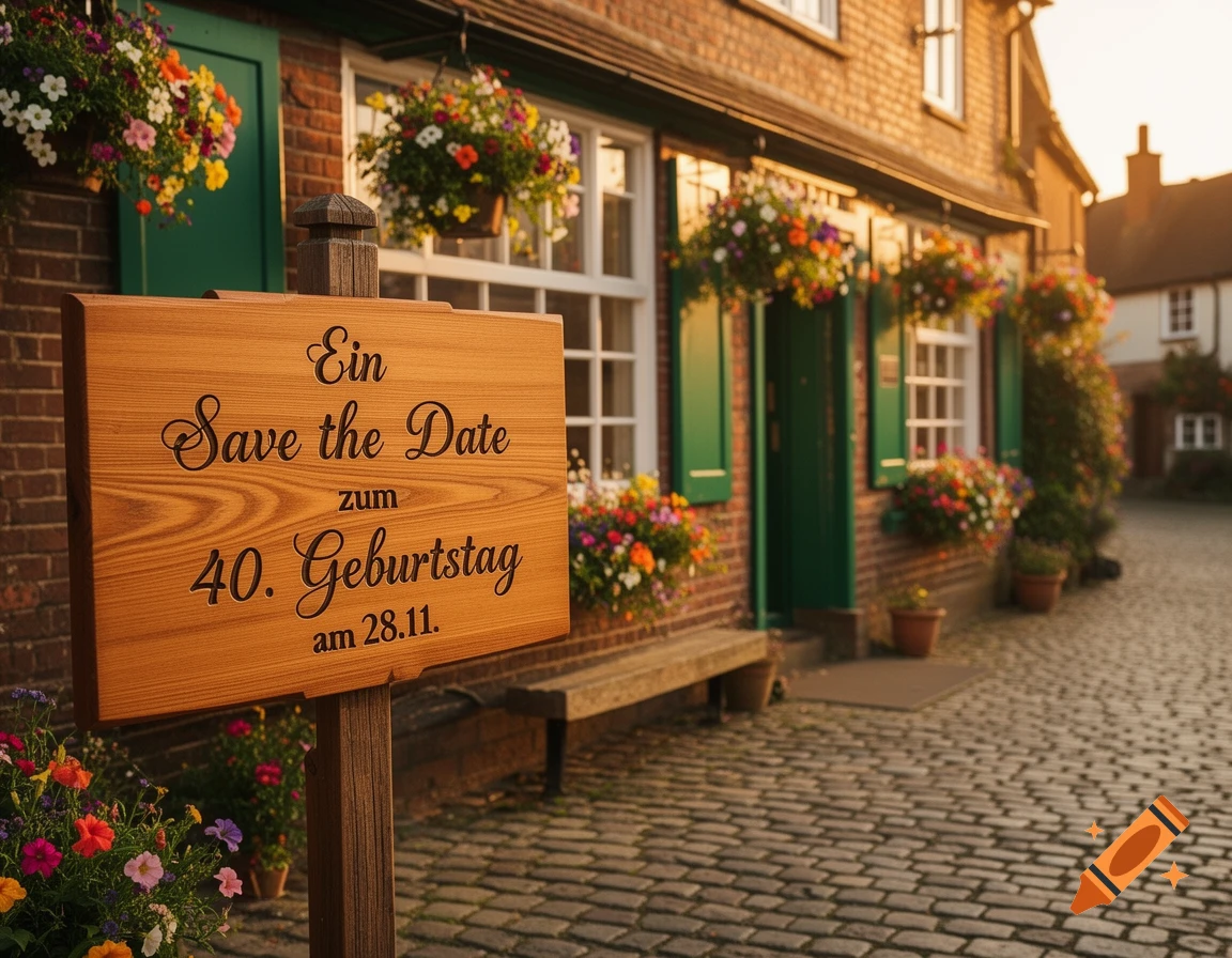 A wooden 'Save the Date' sign in German for a 40th birthday, surrounded by colorful flowers, in front of a brick building with green shutters and a cobblestone street at sunset.