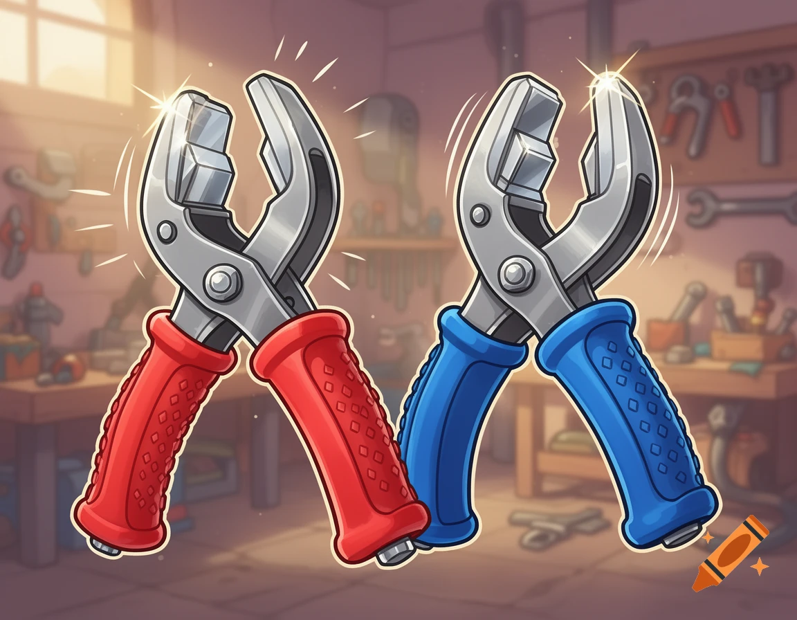 Cartoon red and blue booster clamps sparkling in a workshop.