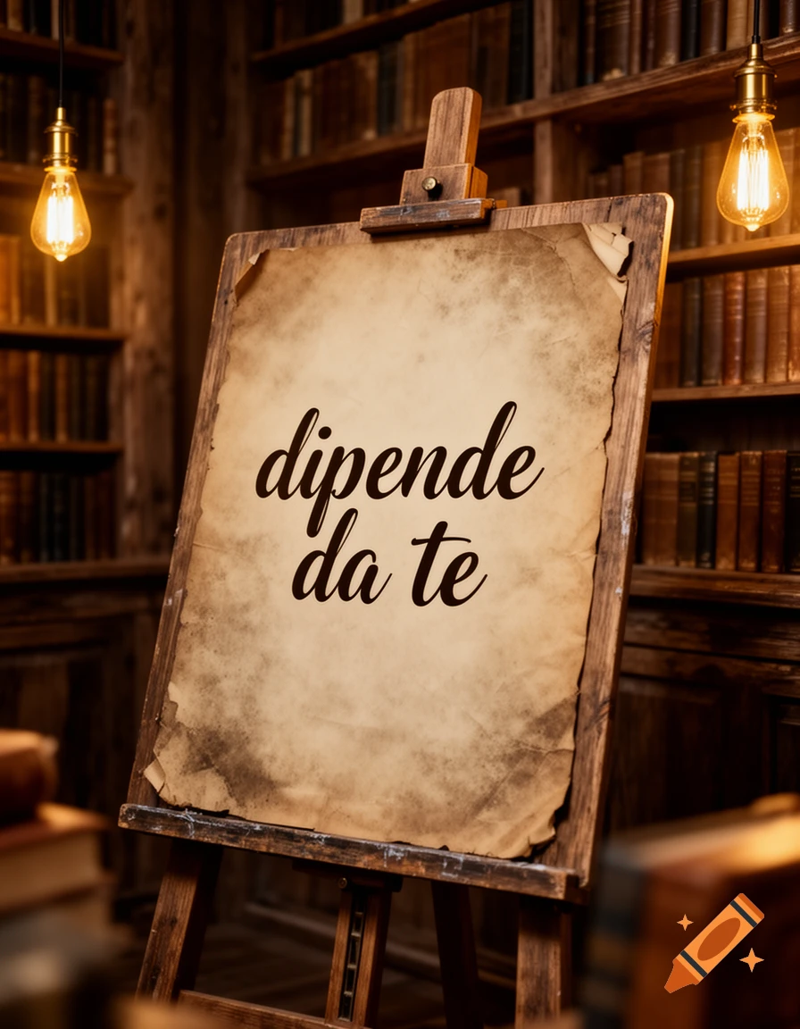 A vintage paper with "dipende da te" written on an easel in a dimly lit library with bookshelves and Edison bulbs.