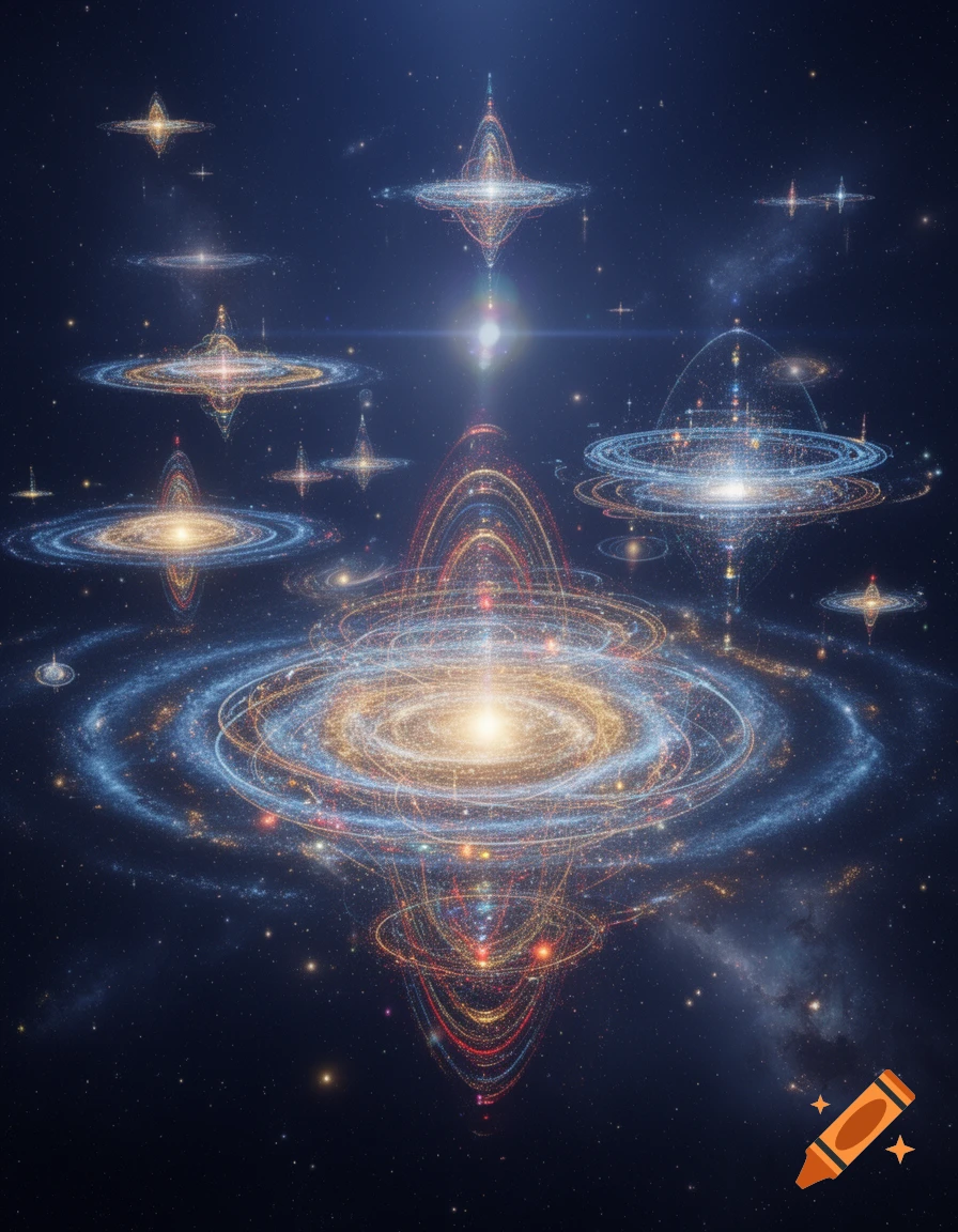 Numerous glowing abstract star systems and galaxies with intricate rings and light trails against a dark, star-filled cosmic background.