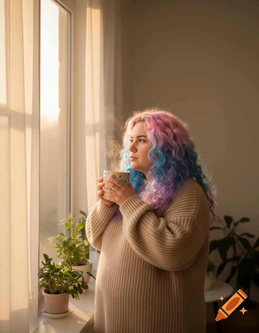A plus-size woman with pink and blue curly hair looks out a sunlit window while holding a steaming mug in the morning.