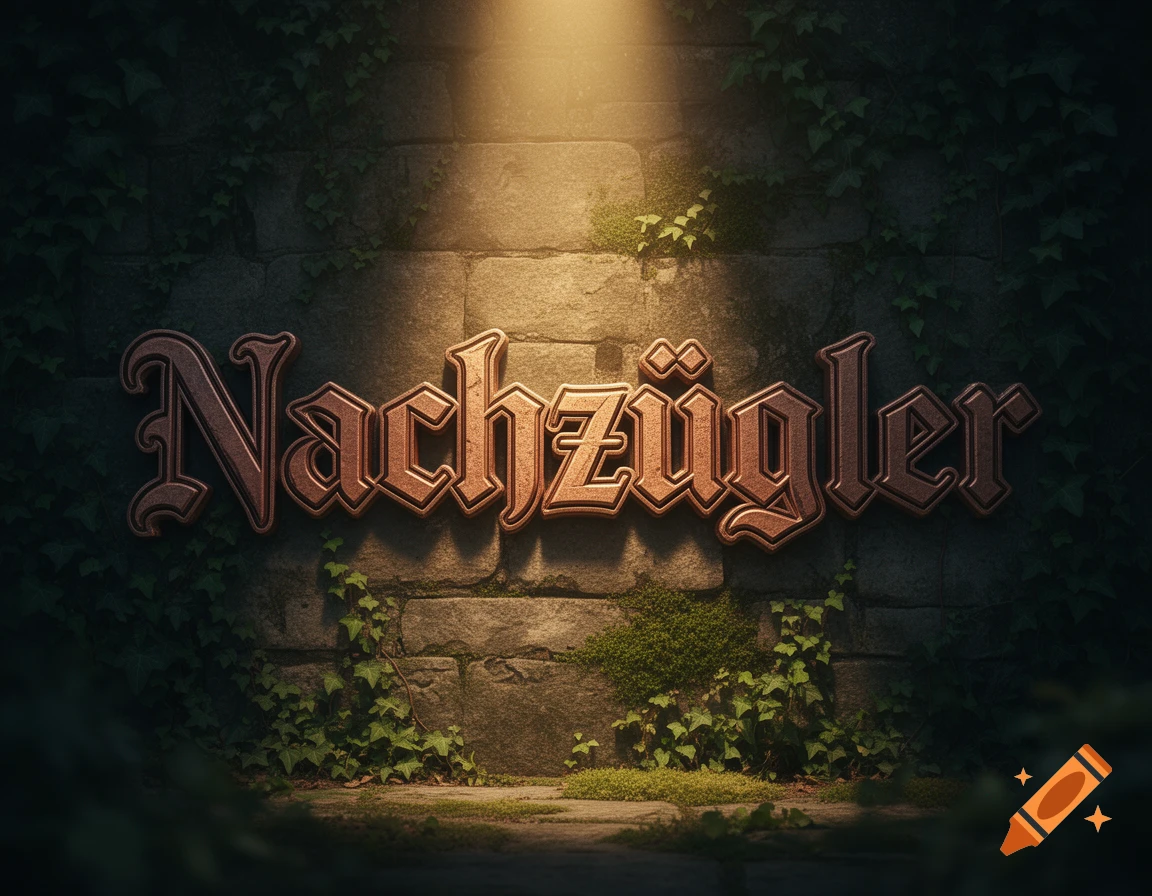 Decorative bronze word "Nachz Gler" in an old-style font on an ivy-covered stone wall, illuminated by warm light.