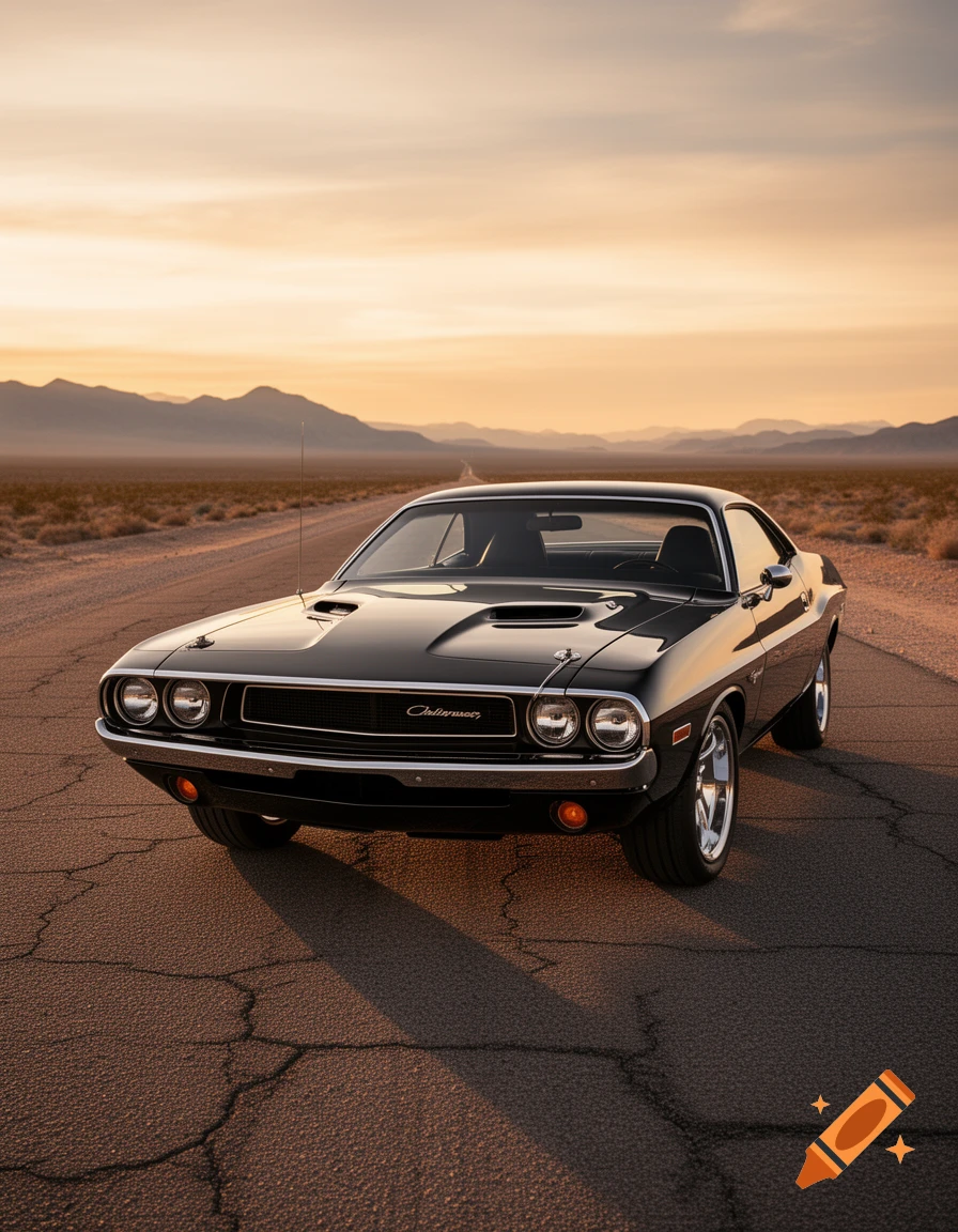 A black classic Dodge Challenger on a cracked desert road with mountains in the distance at sunset, photorealistic.