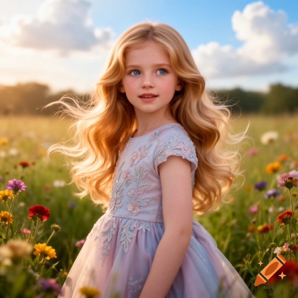 A young girl with long blonde hair and blue eyes, wearing a pastel dress, stands in a sunny field of colorful wildflowers.