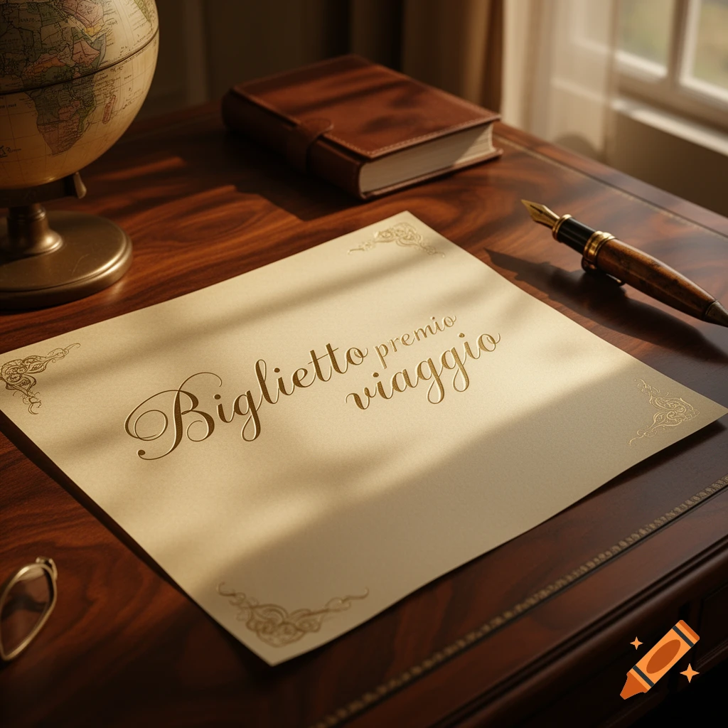 A golden 'Biglietto premio viaggio' letter on a wooden desk with a vintage globe, brown book, and fountain pen.