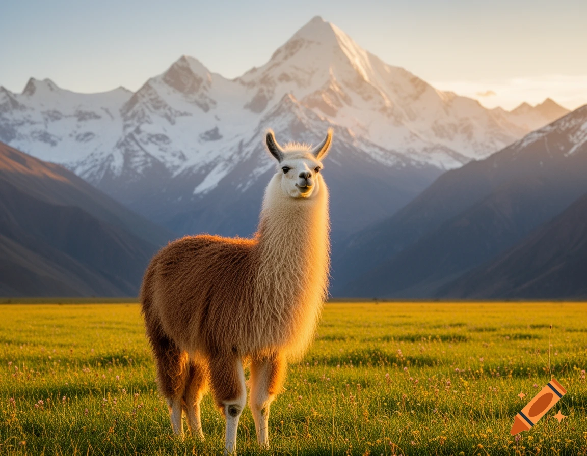 A photorealistic llama with cream and brown fur stands in a sunlit green meadow with snow-capped mountains under a golden sky.