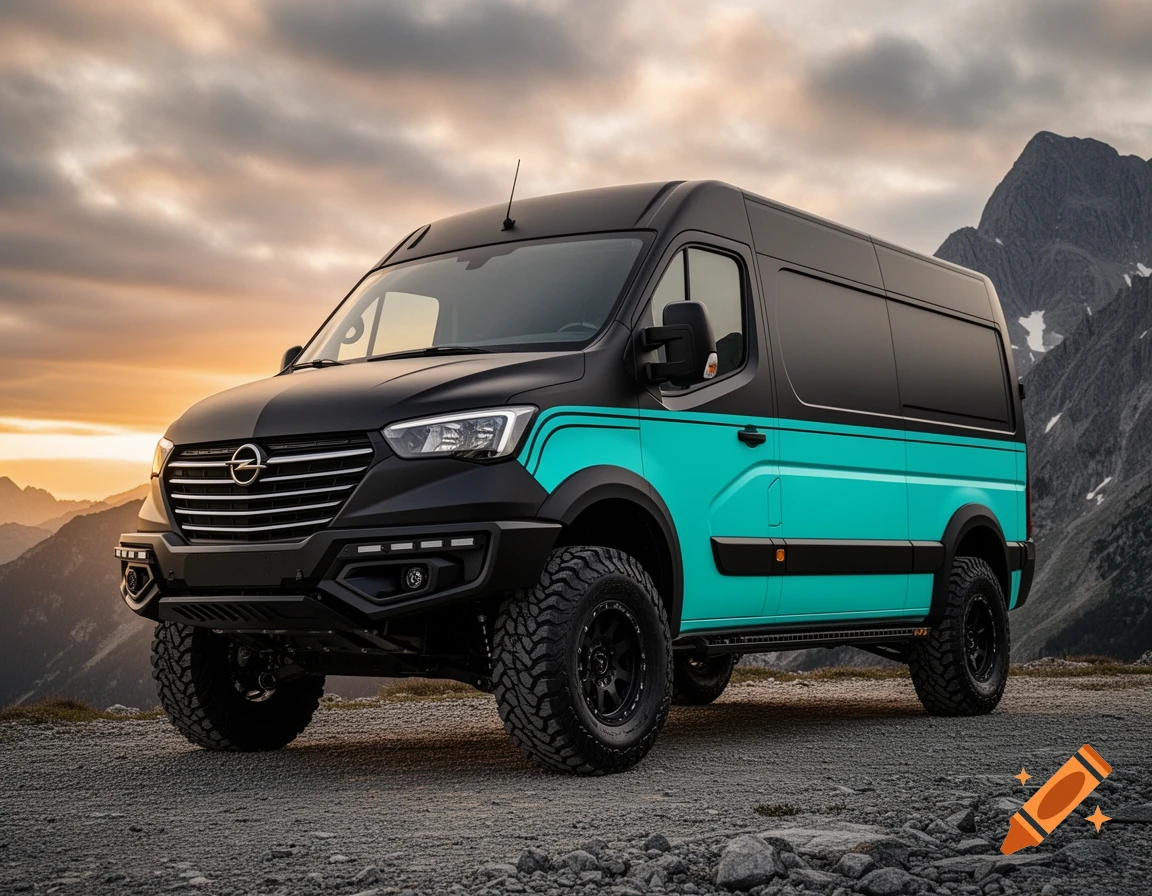 A black and turquoise custom off-road van with large tires is parked on a dirt road in mountains during sunset.