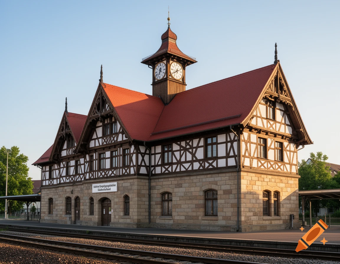 A historic half-timbered train station with a red roof, clock tower, and stone base beside train tracks.
