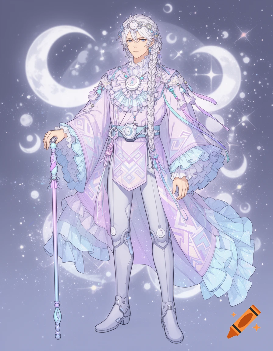 Anime male character in an elaborate pastel celestial prince outfit with long braided hair, a circlet, and a decorated cane, against a starry moon background.