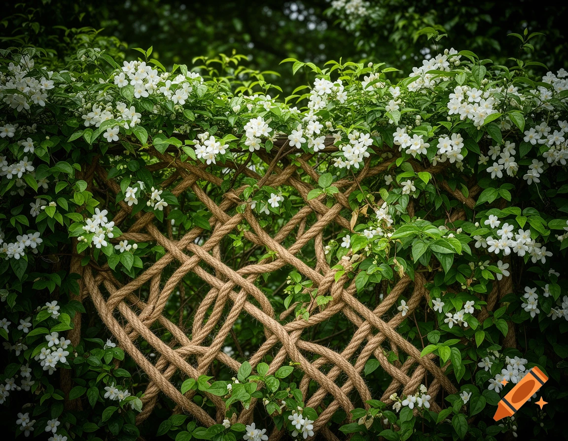 A fence made of intricately woven ropes is overgrown with lush green jasmine vines bearing numerous small white flowers.