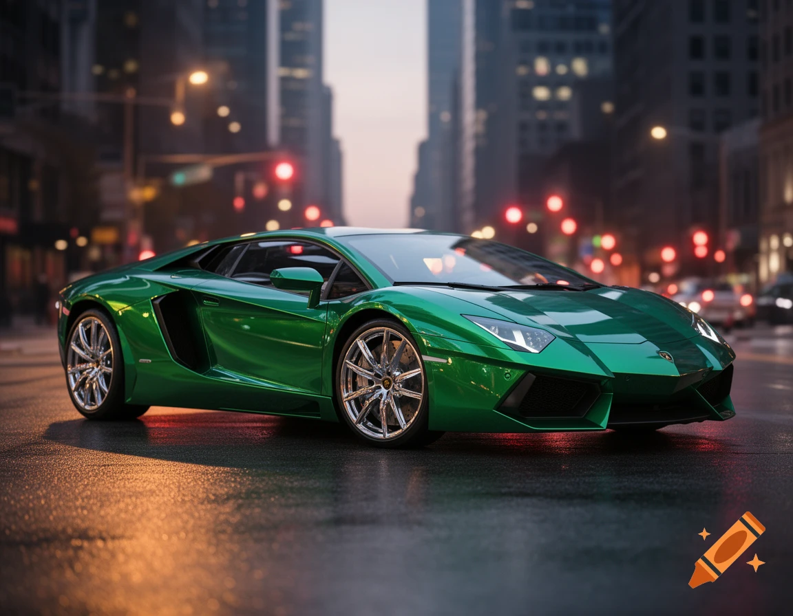 A sleek green Lamborghini sports car parked on a wet city street at dusk, with blurred city lights in the background.