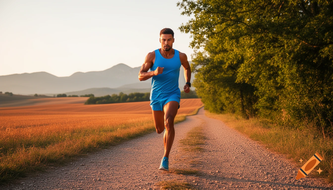A photorealistic image of a man running on a dirt path through golden fields at sunset, with mountains in the background.