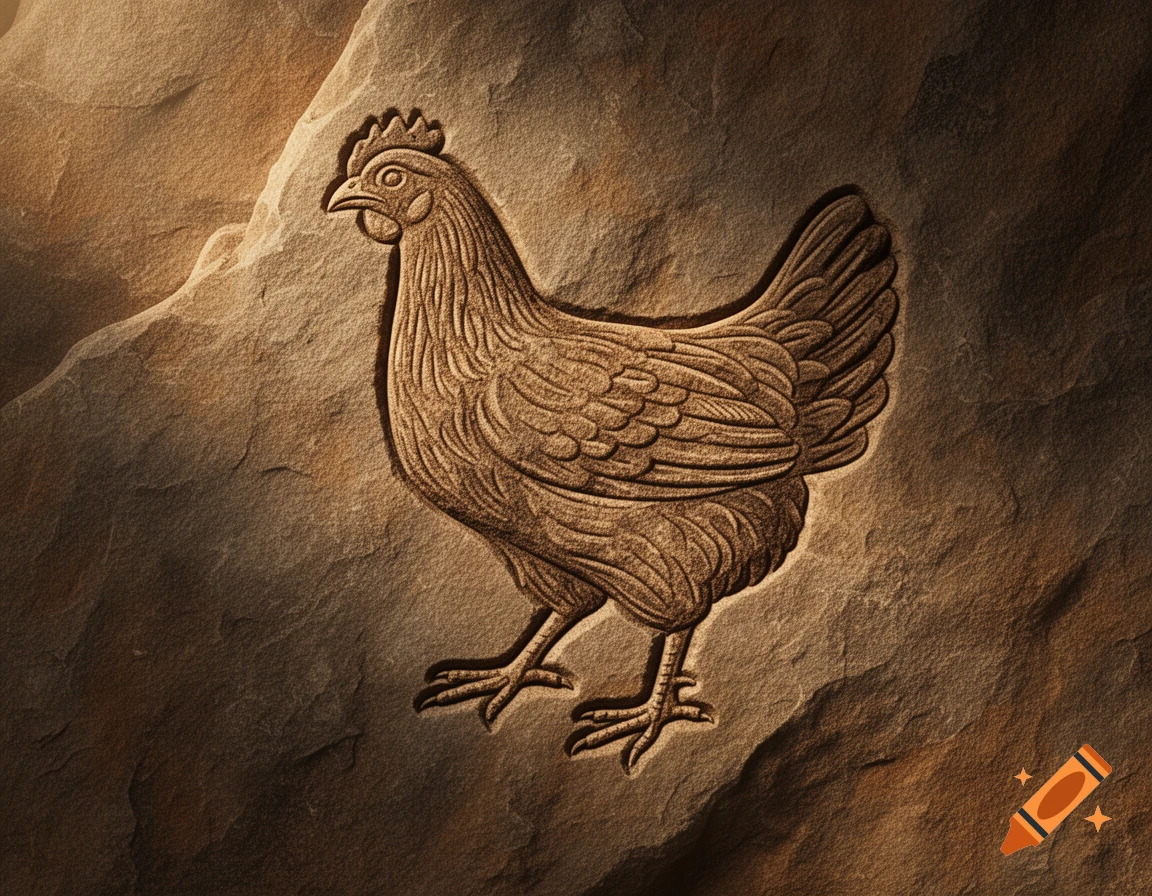 A stylized chicken relief carved into a textured stone surface, resembling ancient cave art.
