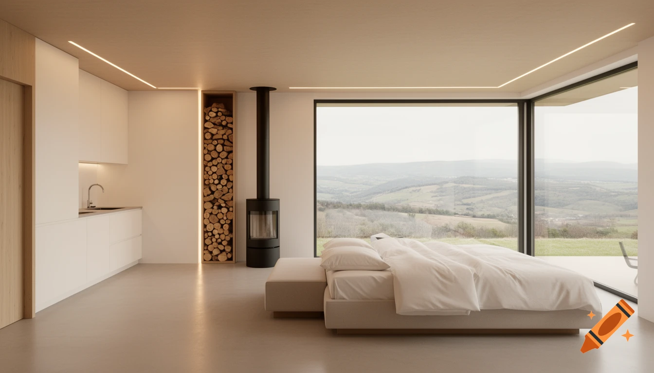 A modern bedroom and kitchen in a minimalist single-story house, featuring a wood stove and panoramic valley view.