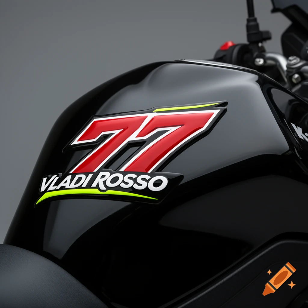 Close-up of a glossy black motorcycle fuel tank with a red and white '77 VLADI ROSSO' racing logo.