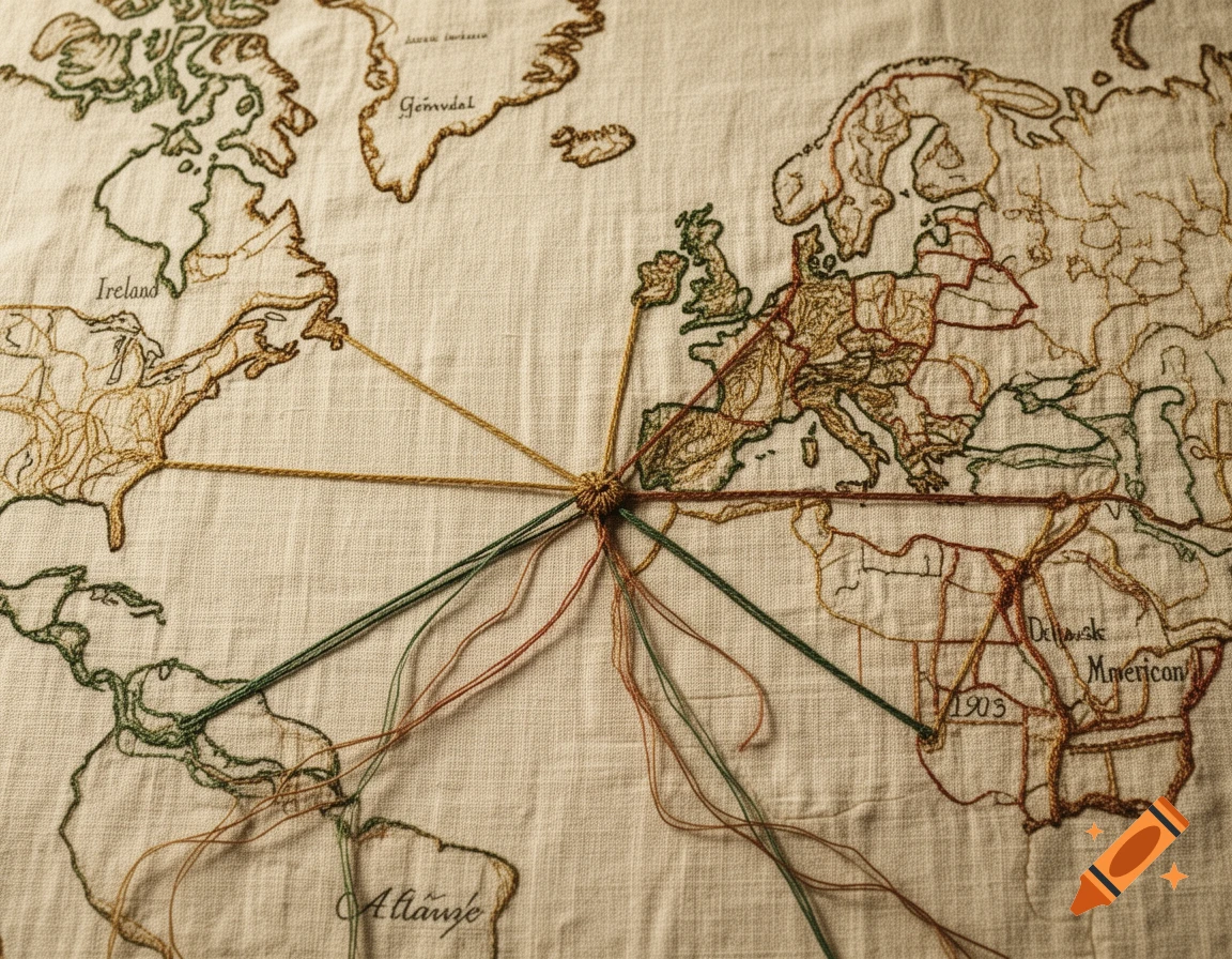 Hand-embroidered vintage map on aged cream linen, showing continents with thread lines converging, soft warm lighting.