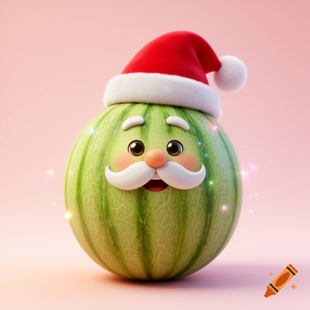 Adorable 3D cartoon watermelon character wearing a Santa hat and a white mustache on a solid pastel pink background.