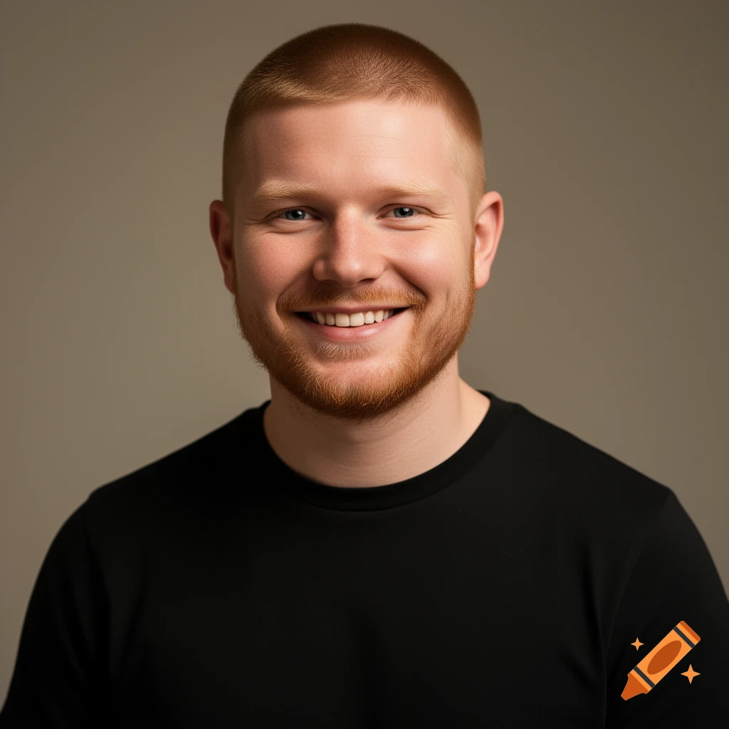A smiling man with a ginger buzzcut and beard wears a black t-shirt against a plain background.