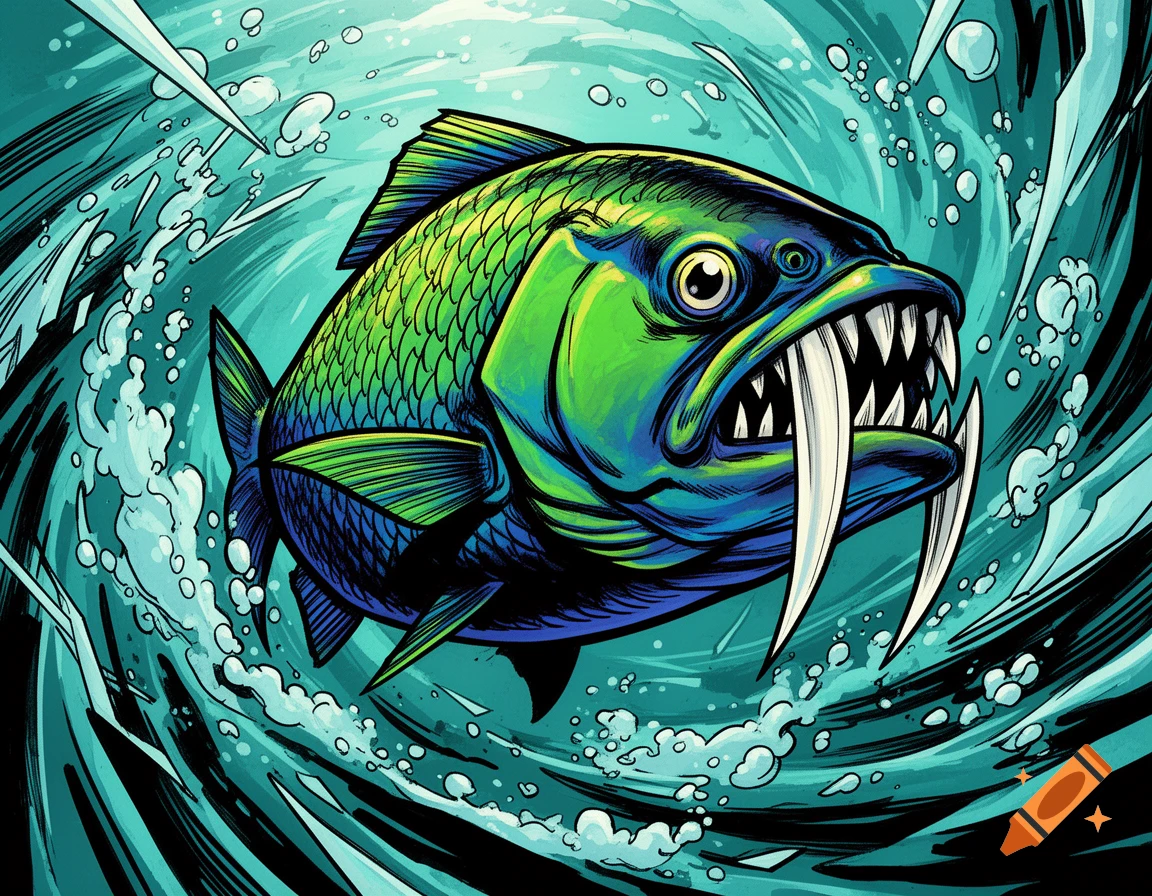 Comic-style illustration of an aggressive green and blue piranha with exaggerated fangs thrashing in turbulent water.