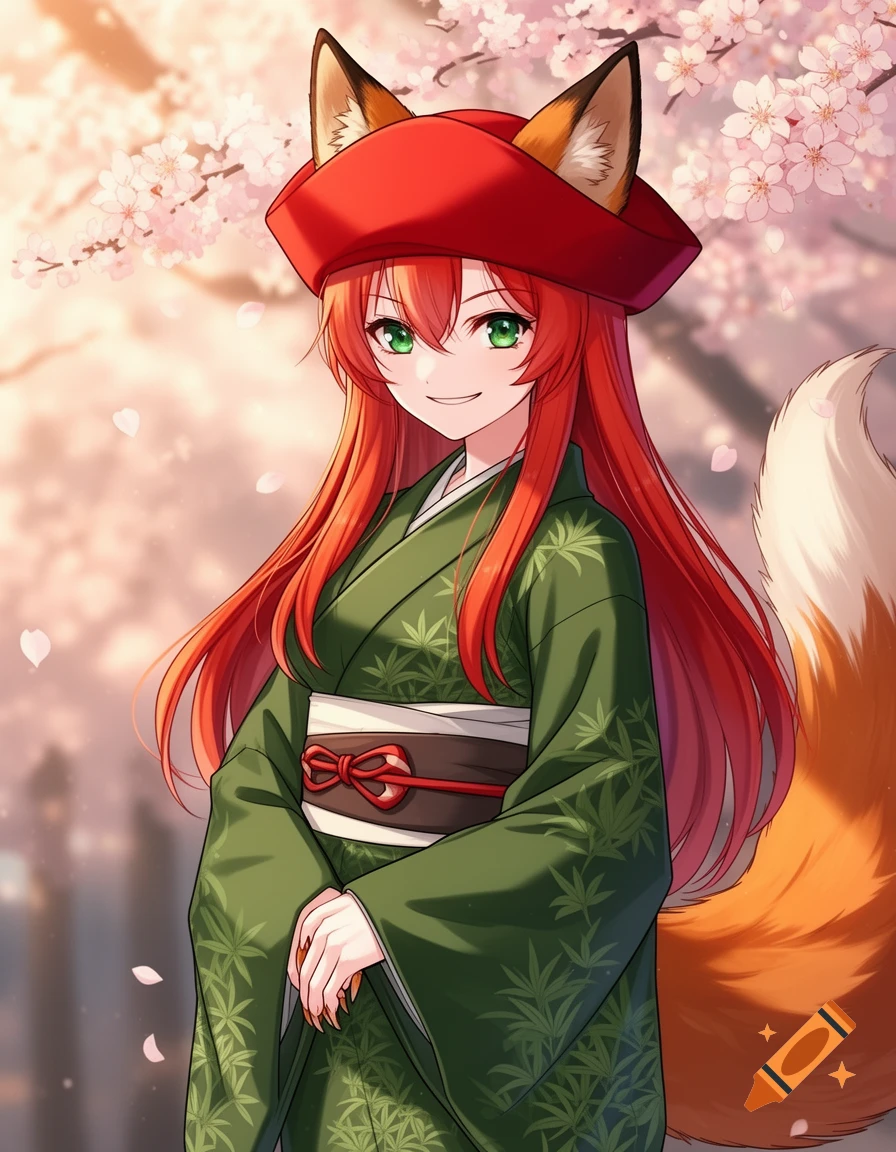 Anime fox girl with red hair and green eyes, wearing a green kimono and red hat, smiling under cherry blossoms.