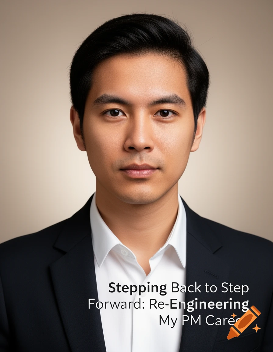 A professional headshot of a man in a suit, overlaid with the text 'Stepping Back to Step Forward: Re-Engineering My PM Career.'