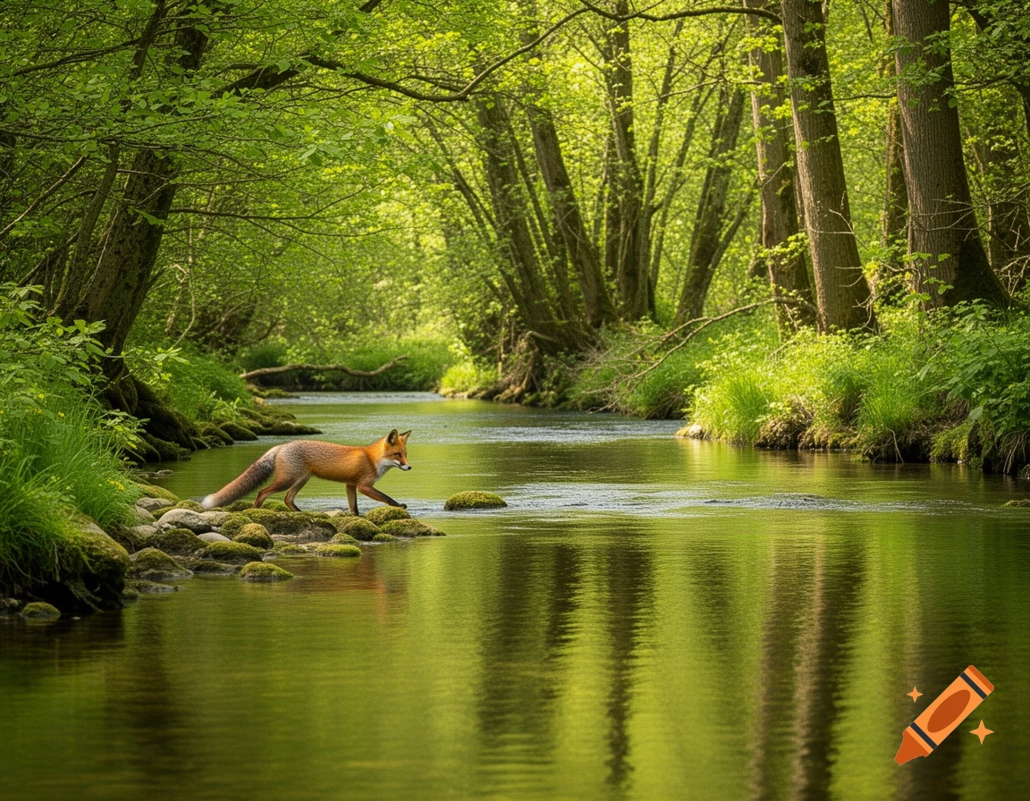 A photorealistic image of a red fox walking on mossy rocks by a tranquil river in a vibrant green forest.