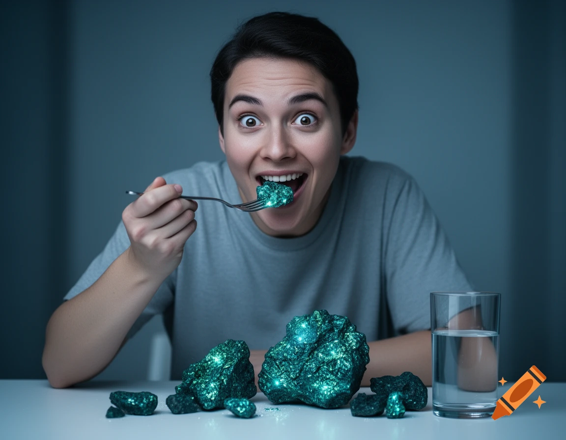A wide-eyed person gleefully eats a glowing, green rock-like substance with a fork, sitting at a table with more minerals.