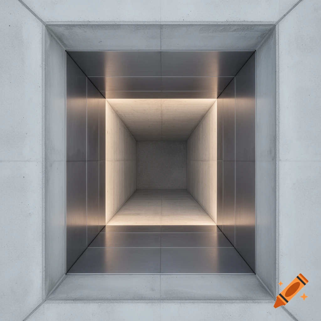 A top-down view into a square, concrete and metal shaft with glowing light inside, creating a deep perspective.