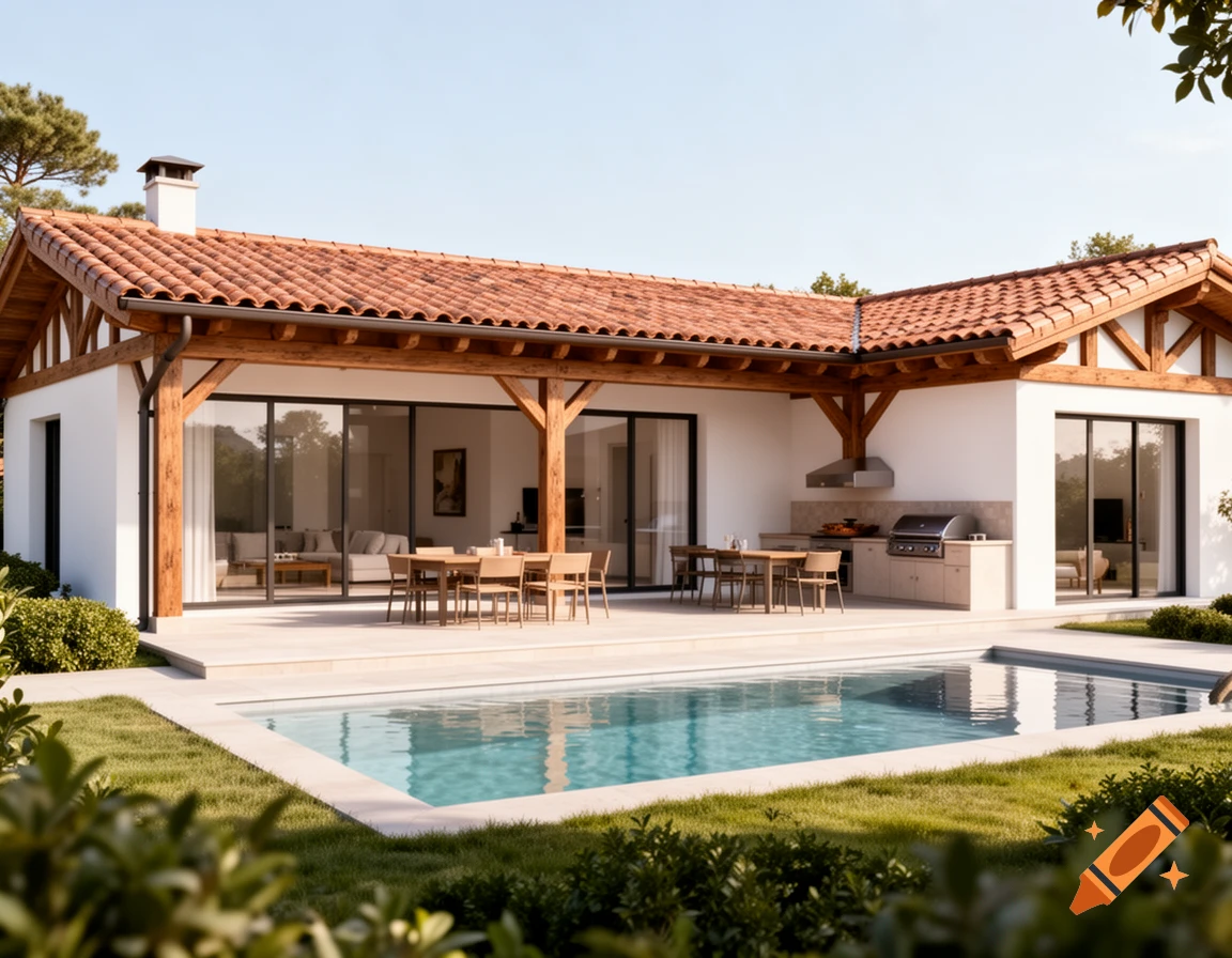 A modern house with a red tile roof, exposed wooden beams, a large patio with outdoor dining, a BBQ area, and a swimming pool.