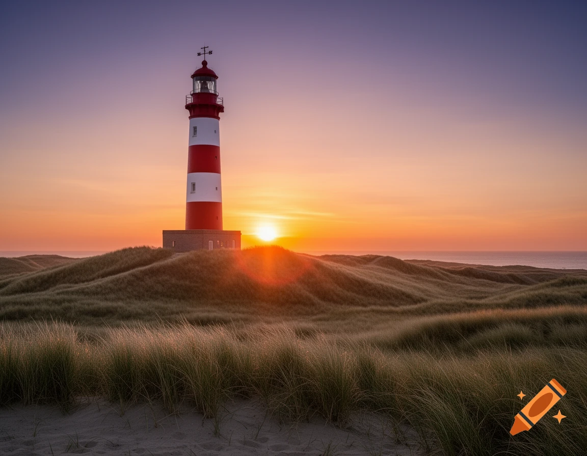 A red and white striped lighthouse on grassy sand dunes, bathed in the warm light of a vibrant sunset over the ocean.