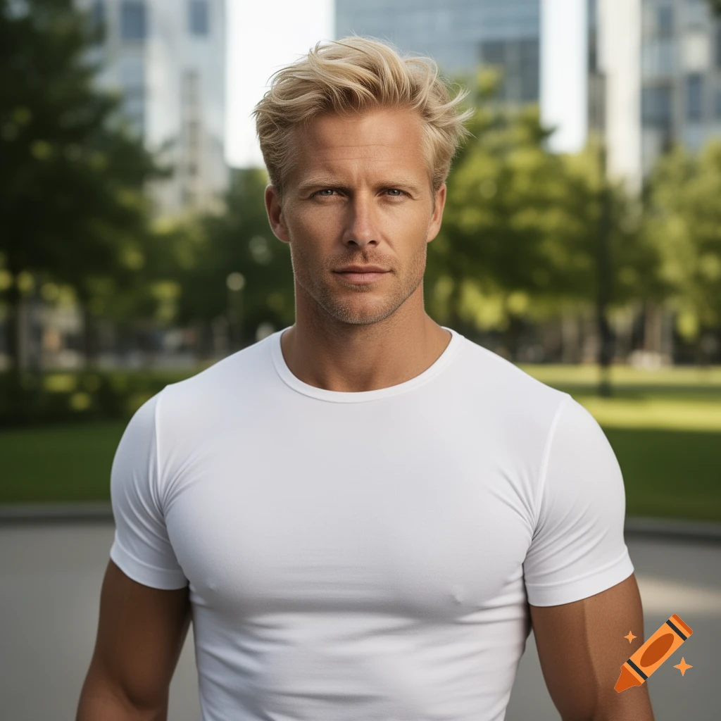 Photorealistic portrait of an athletic, blond man in a white t-shirt, standing outdoors with blurred city buildings and trees.