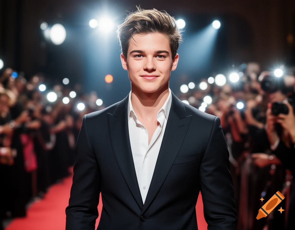 A young man with neatly styled hair smiles while walking on a red carpet, surrounded by bright camera flashes from a crowd.