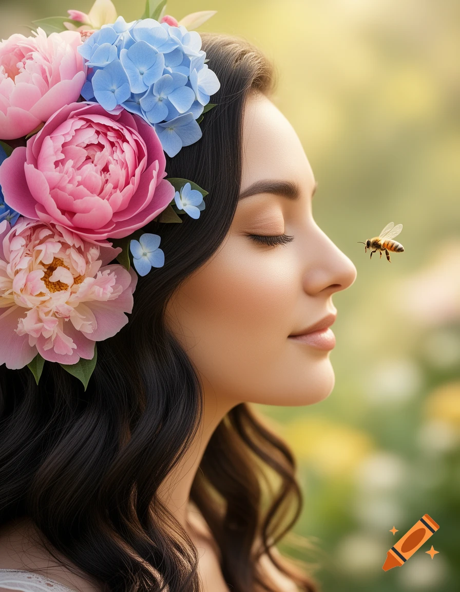 Profile of a woman with pink and blue flowers in her dark hair and a bee near her nose.