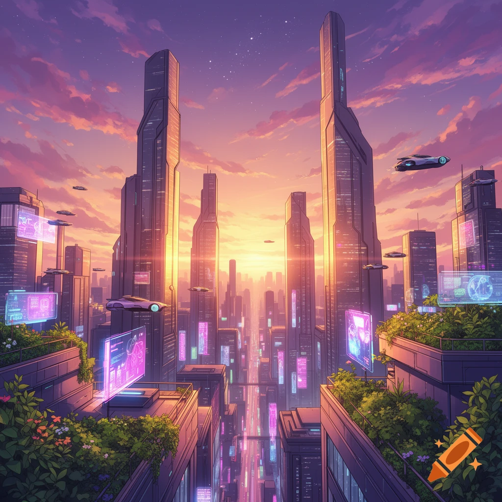 A vibrant, stylized illustration of a futuristic city at sunset with tall skyscrapers, flying cars, and glowing holographic displays amidst rooftop gardens.