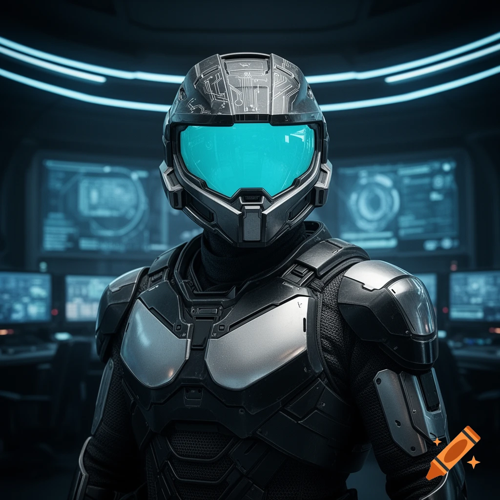 A futuristic soldier in black and silver armor with a glowing cyan visor stands in a high-tech control room.