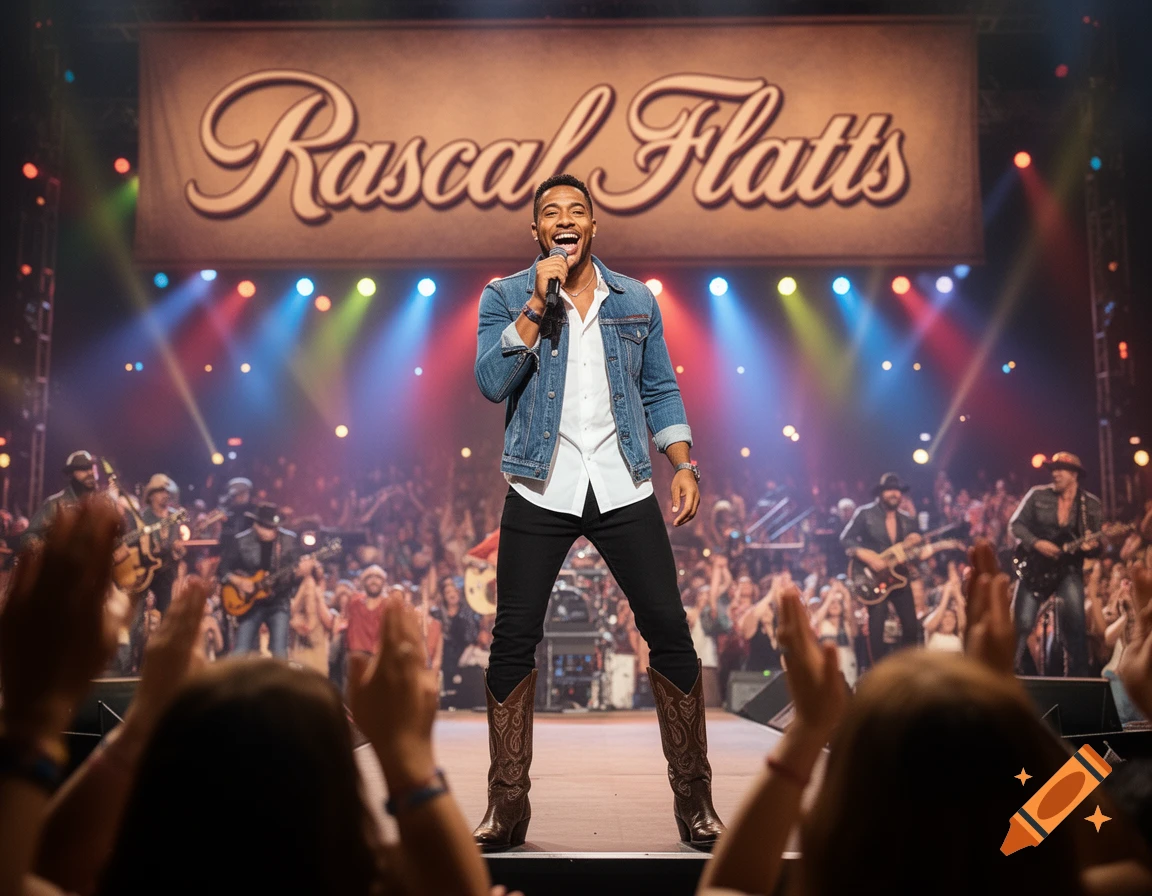 A man in a denim jacket and cowboy boots sings into a microphone on a brightly lit concert stage under a "Rascal Flatts" banner, facing a cheering crowd.