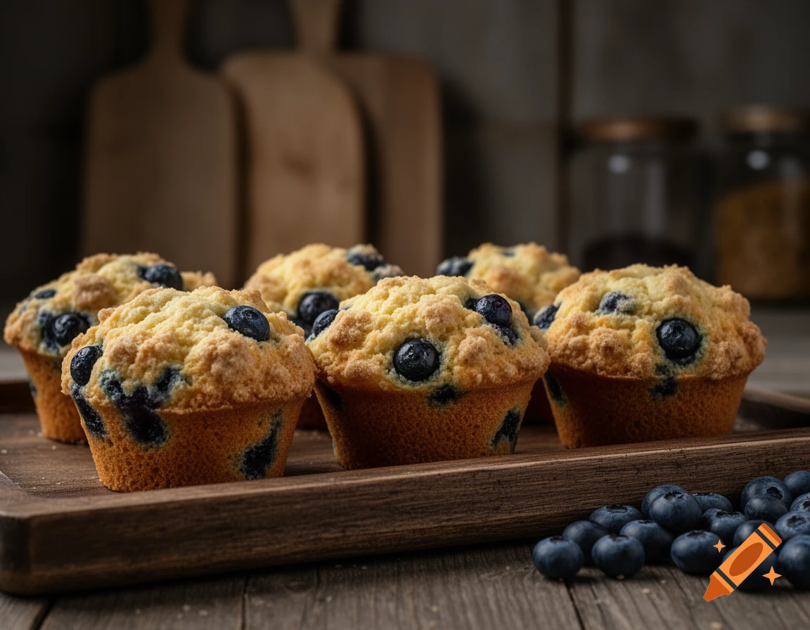 Close-up of golden-brown blueberry muffins on a wooden tray with fresh blueberries scattered nearby, in a rustic kitchen setting.
