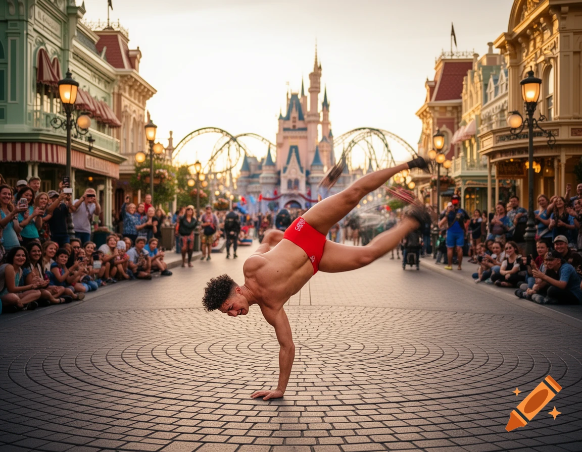 A shirtless man in red speedo shorts performs a one-handed handstand breakdance on a cobbled street in front of a Disney castle, surrounded by an applauding crowd. Photorealistic style.