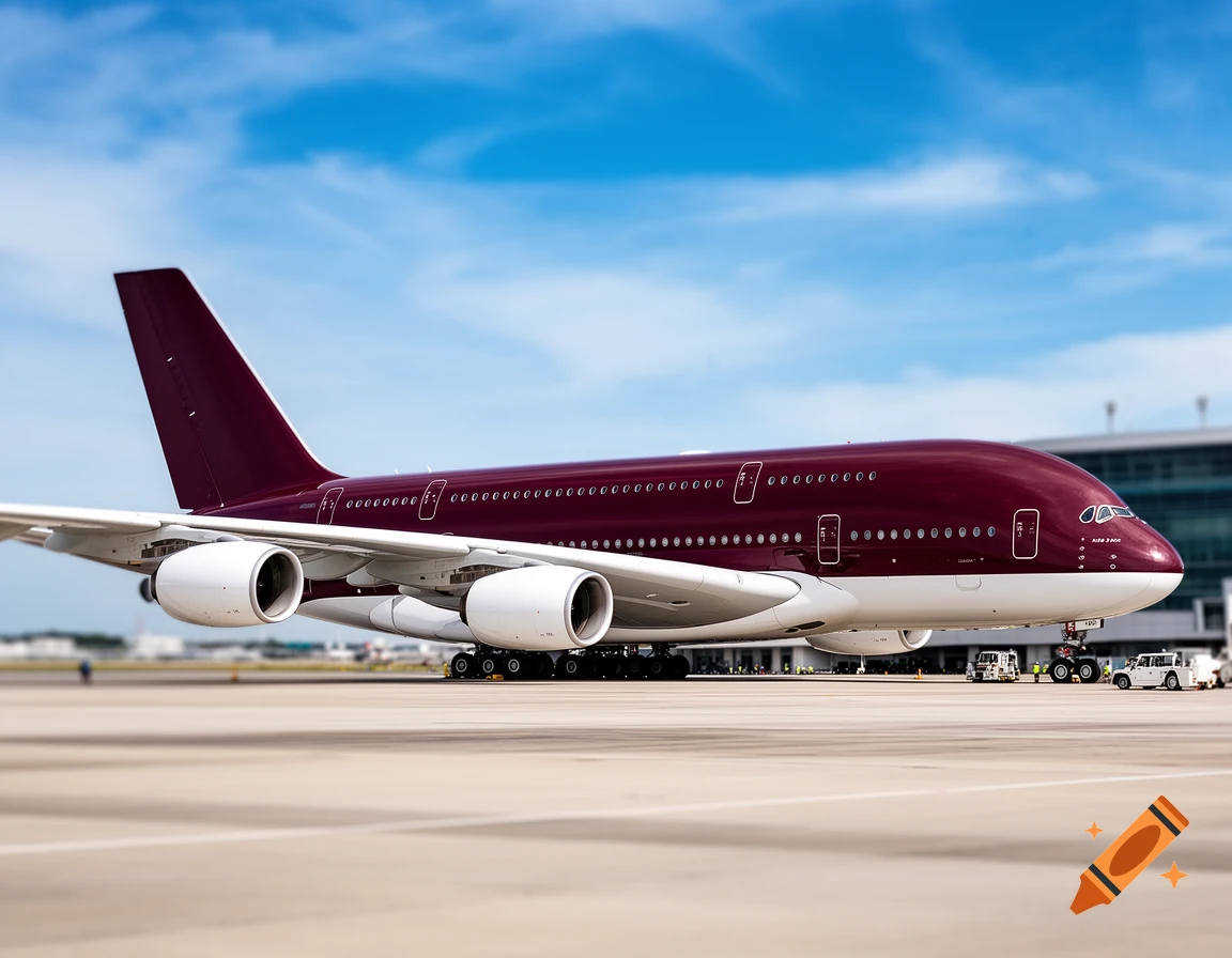 A photorealistic burgundy and white Airbus A380 airplane is parked on an airport tarmac under a blue sky.