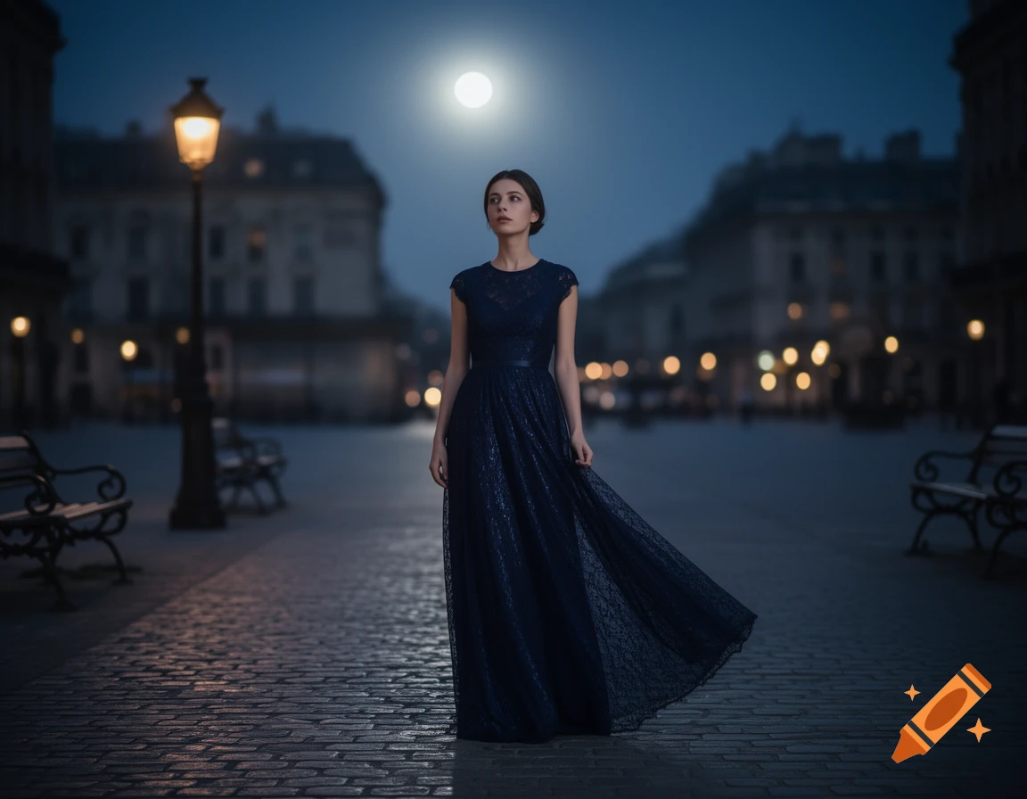 An elegant woman in a flowing navy blue dress stands on a cobblestone street at night, under a bright moon with city lights in the background.