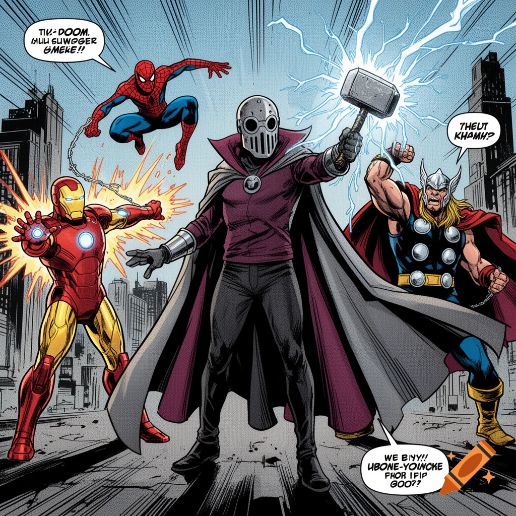 Comic book style illustration of MF DOOM with Mjolnir fighting Spider-Man, Iron Man, and Thor in a city.