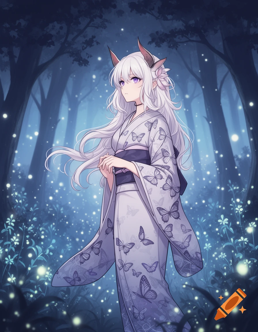 Anime girl with white hair, horns, and purple eyes in a butterfly kimono, standing in a magical, glowing blue forest.