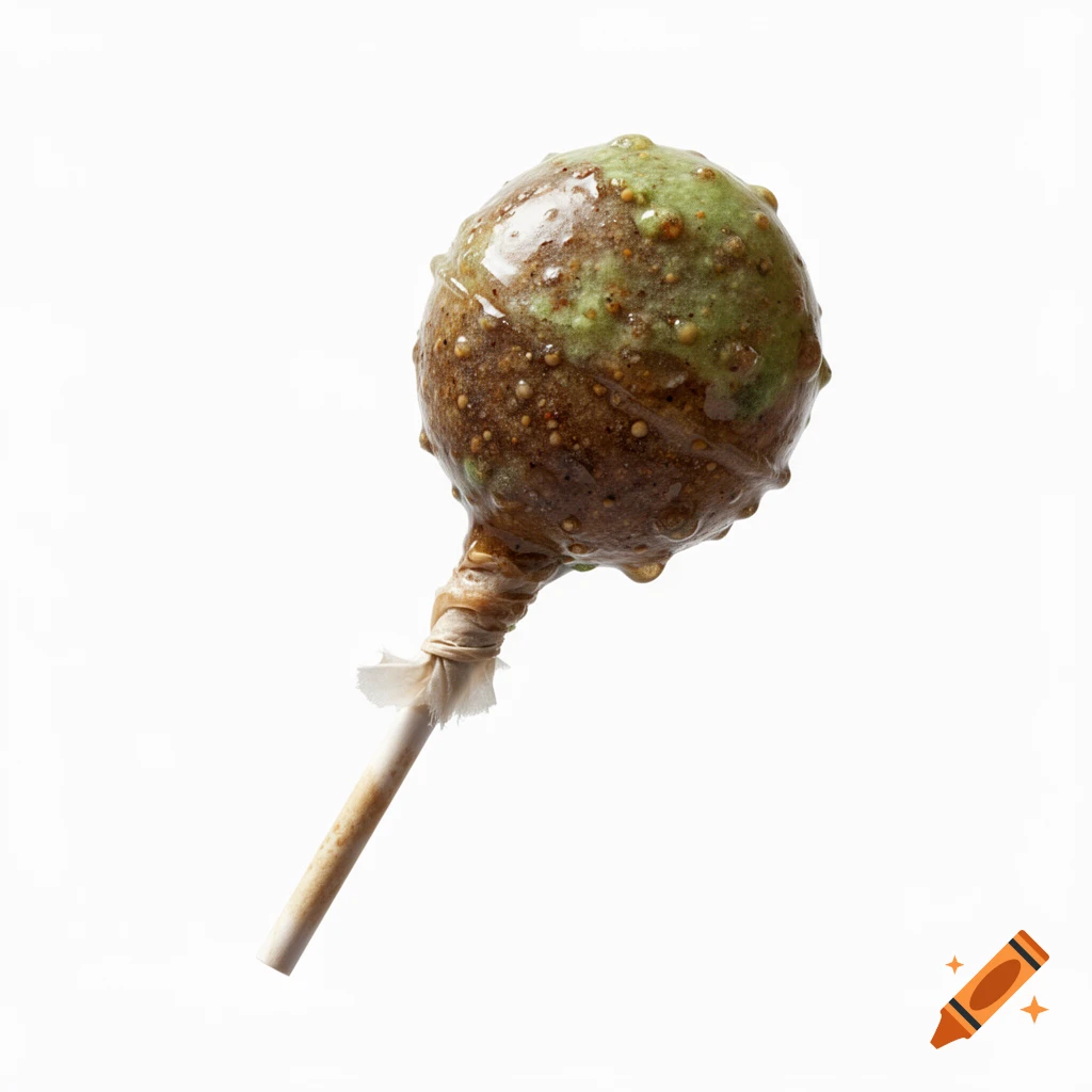 An unappetizing, bumpy, green and brown lollipop with a clear glaze on a white background.