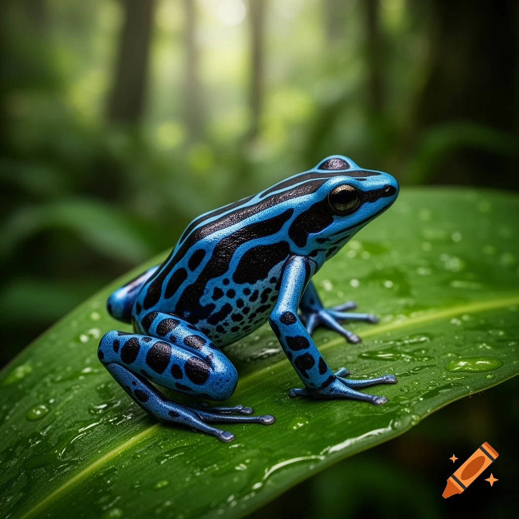 A vibrant blue and black poison dart frog with intricate patterns rests on a wet green leaf in a lush jungle setting.
