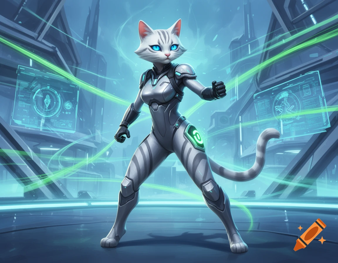 A white anthropomorphic cat with blue eyes and gray stripes in a futuristic gray and green suit, standing heroically in a sci-fi setting.