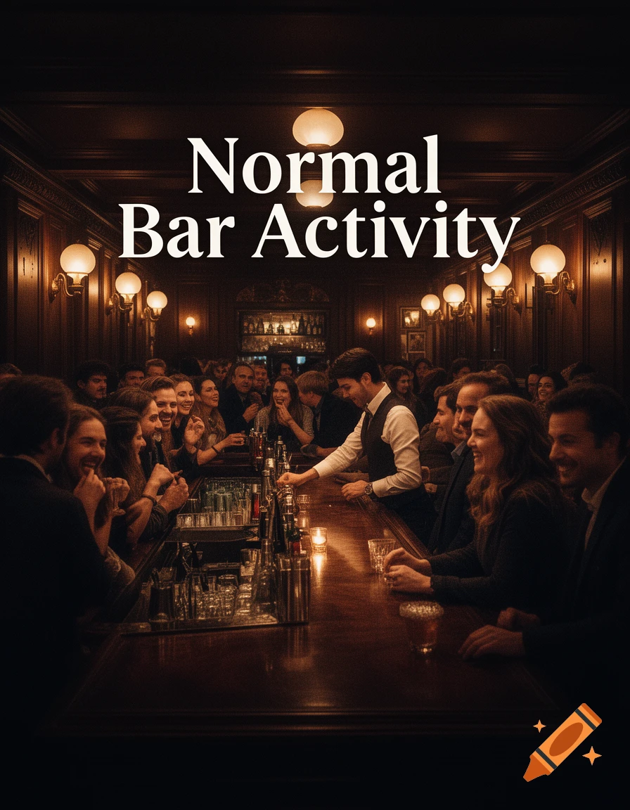 A busy bar scene with patrons and a bartender, featuring 'Normal Bar Activity' text at the top, in a movie poster style.