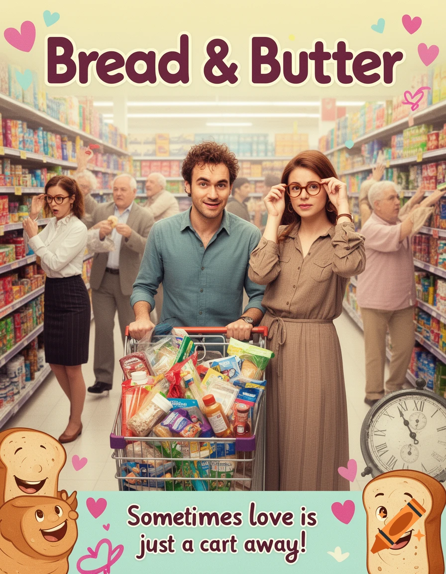 A movie poster for 'Bread & Butter' showing a smiling couple with a full shopping cart in a vibrant supermarket aisle, with a tagline 'Sometimes love is just a cart away!'